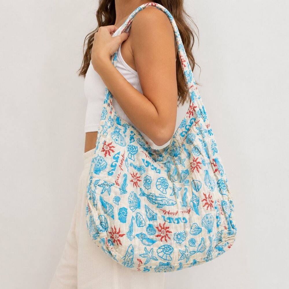 Free People Coastal Seashell Print Slouchy Hobo Shoulder Bag Beach Boho
